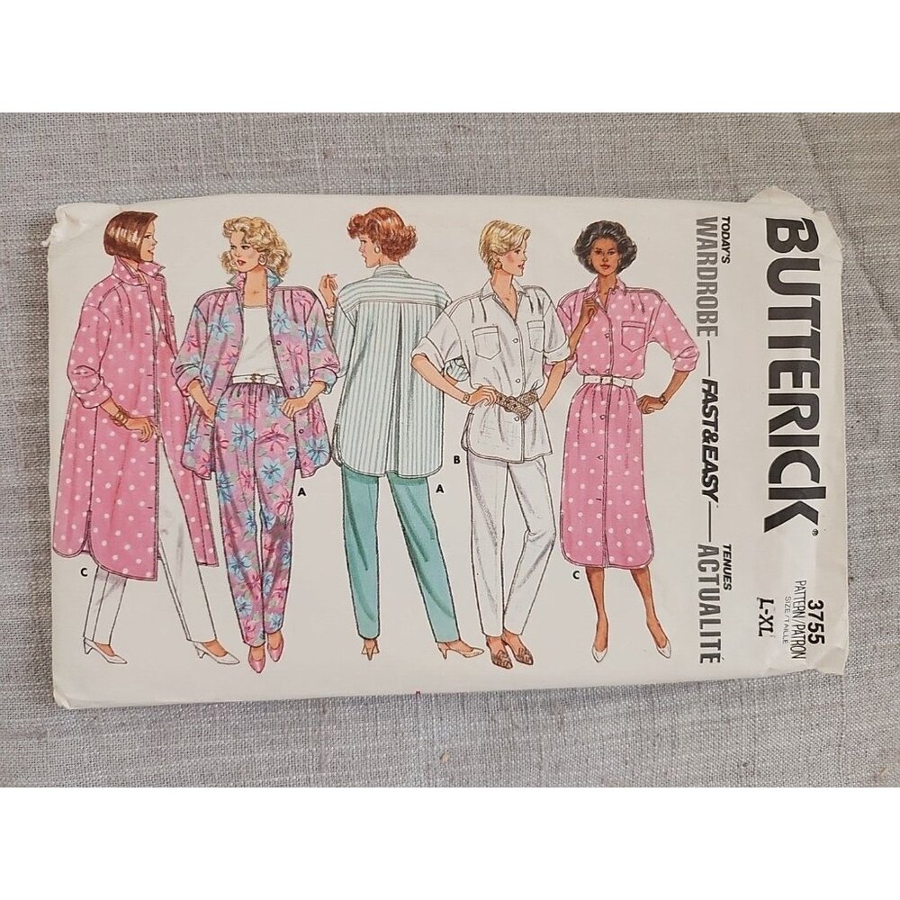 Butterick 3755 Shirt Dress Pant Duster Shacket Sewing Pattern Sz L-XL Uncut 1986